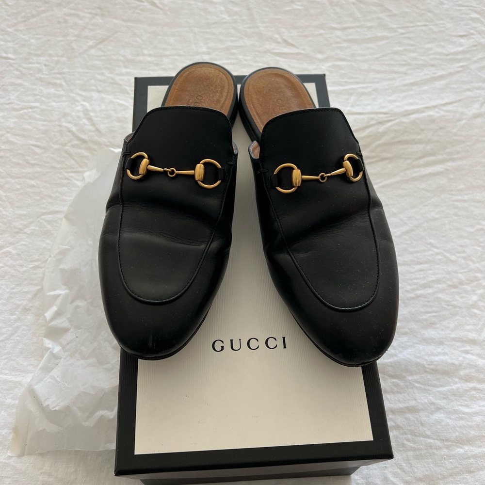 Gucci Princetown Mules Black Leather Loafers with Gold horse bit Hardware 38